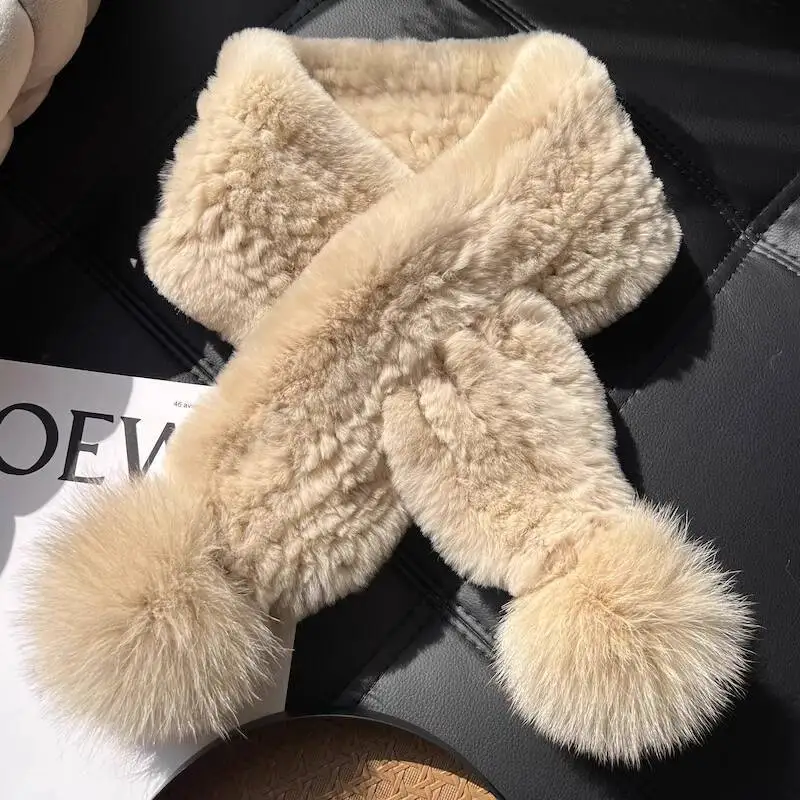 Real Rex Rabbit Fur Scarf Women Winter Warm Neck Protection Double-Sided Plush Scarf With Fox Fur Ball Natural Fur Ring Scarves