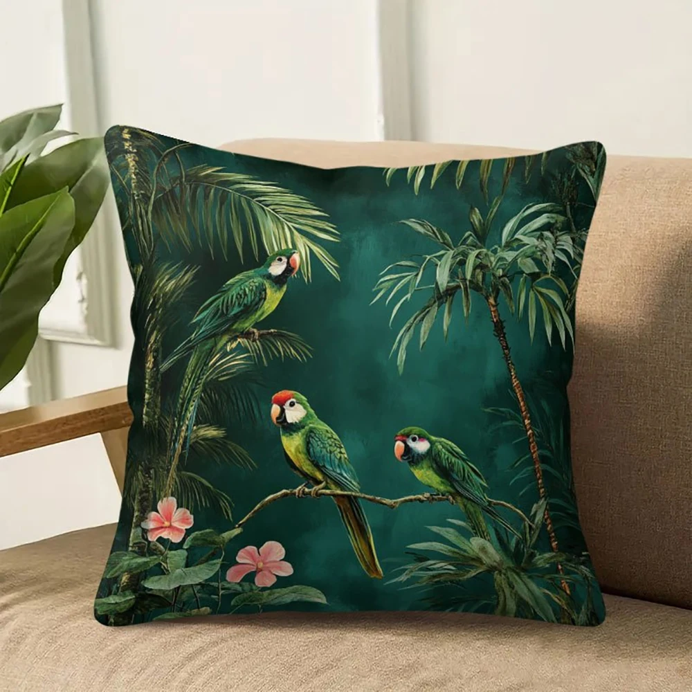 2D flat- # Tropical Parrot Jungle Throw Pillow Cover Vintage Green Botanical Home Decor Cushion Case