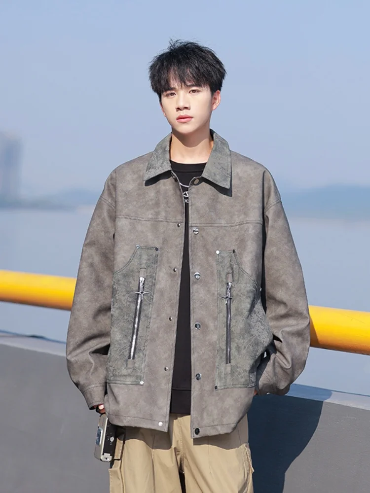 

American Retro Motorcycle Jaet Men's Spring Autumn Loose Haome Workwear Outerwear Youthful PU Leather Jaet