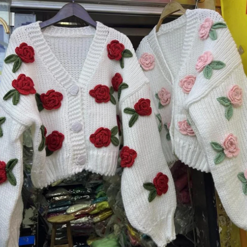 Fashion Sweet White Stick Needle Sweater Coarse Knitted Cardigans 3D Rose Blossom Contrast Loose Short Knitwaer Coat