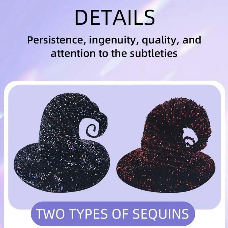 39BD Halloween Witch Hat for Adult Unisex Sequined Wizard Hat Roleplaying Pointed Hat Theme Party Dark Series Cloche Hat