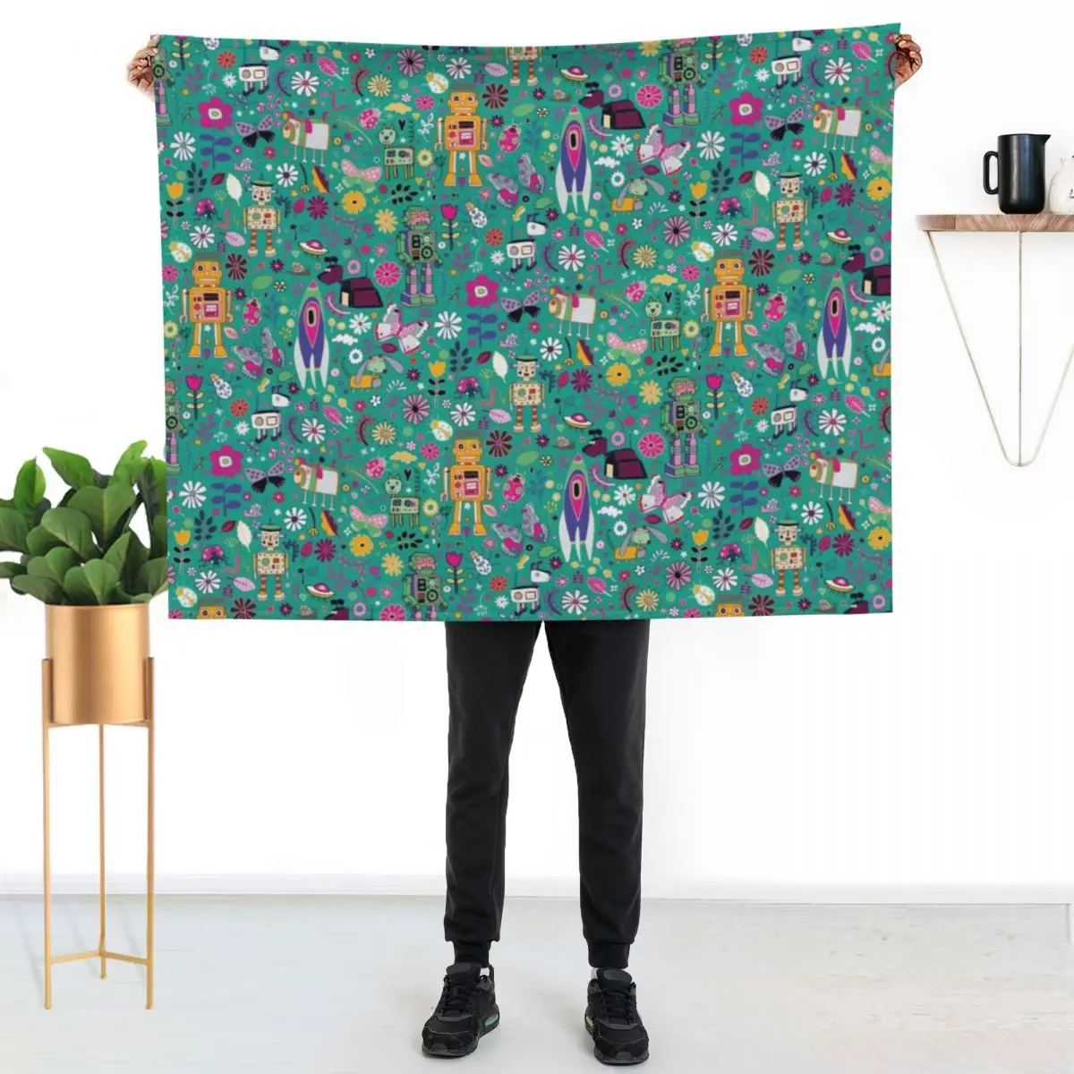 

Electric Dreams - pink and turquoise - floral robot fun pattern by Cecca Designs Throw Blanket