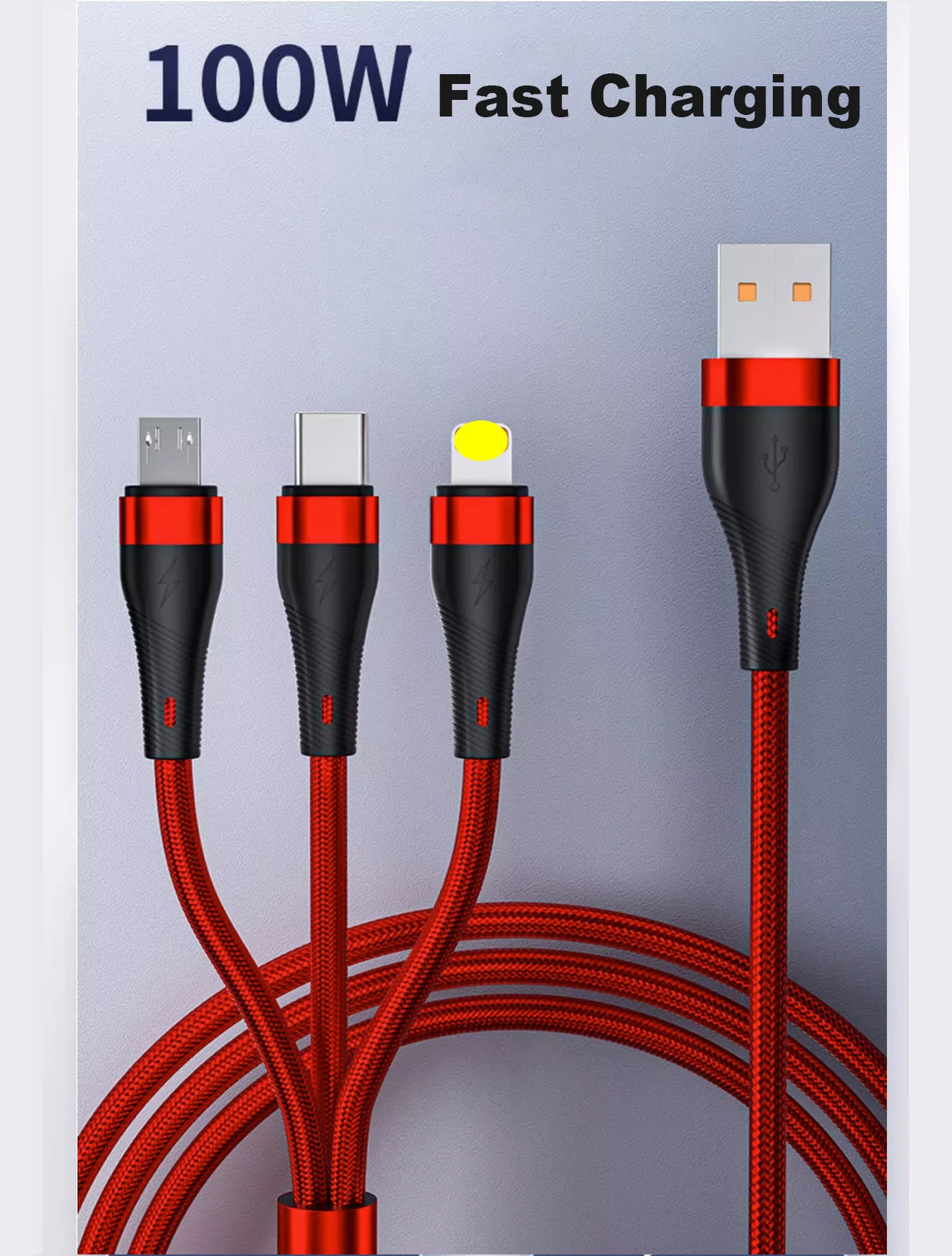 100W 6A luminous nylon 3in1 cable suitable for Android Apple  xiaomi Huawei three in one fast charging data cable