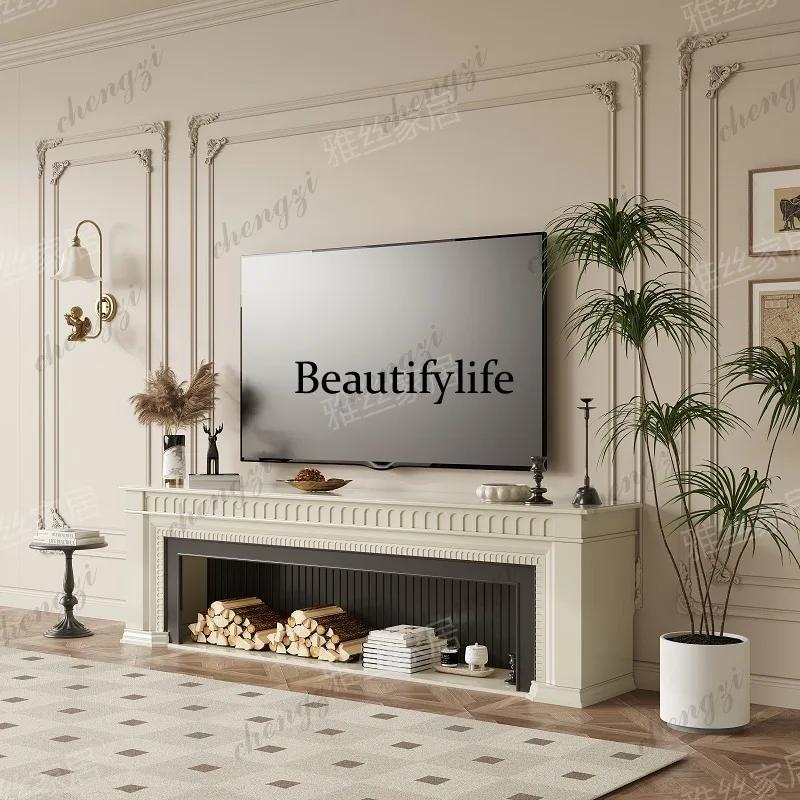 American retro fireplace TV cabinet French cream style living room background wall TV cabinet Entrance cabinet Electronic simula