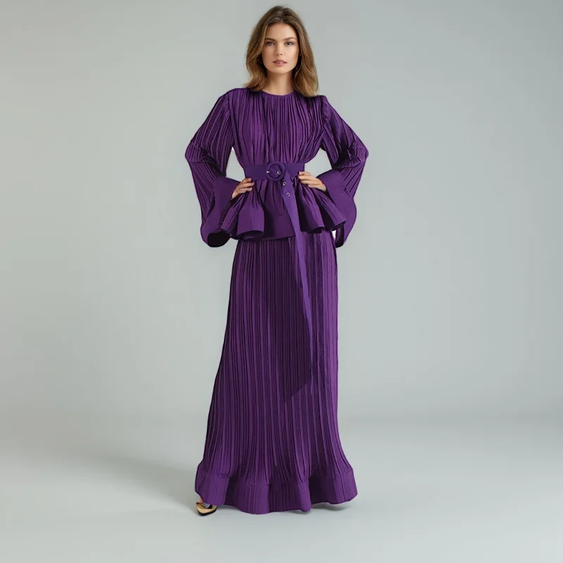 

Solid Chic Party Two Piece Set For Women Round Neck Long Sleeve Spliced Sashes Tops High Waist Skirt Casual Set Female New