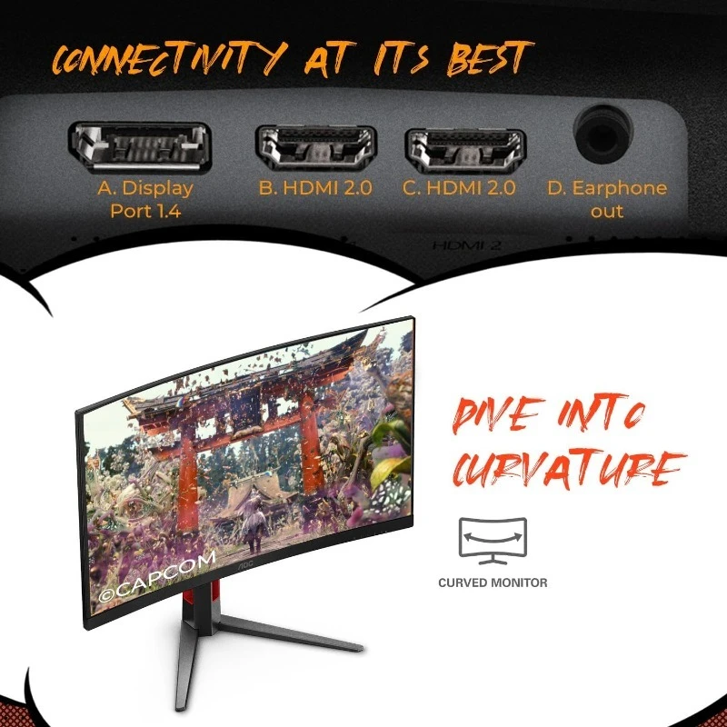 شاشة ألعاب منحنية سريعة للغاية بدون إطار مقاس 27 بوصة، FHD 1080p، 0.3ms 280 هرتز، HDMI/DP، ارتفاع قابل للتعديل