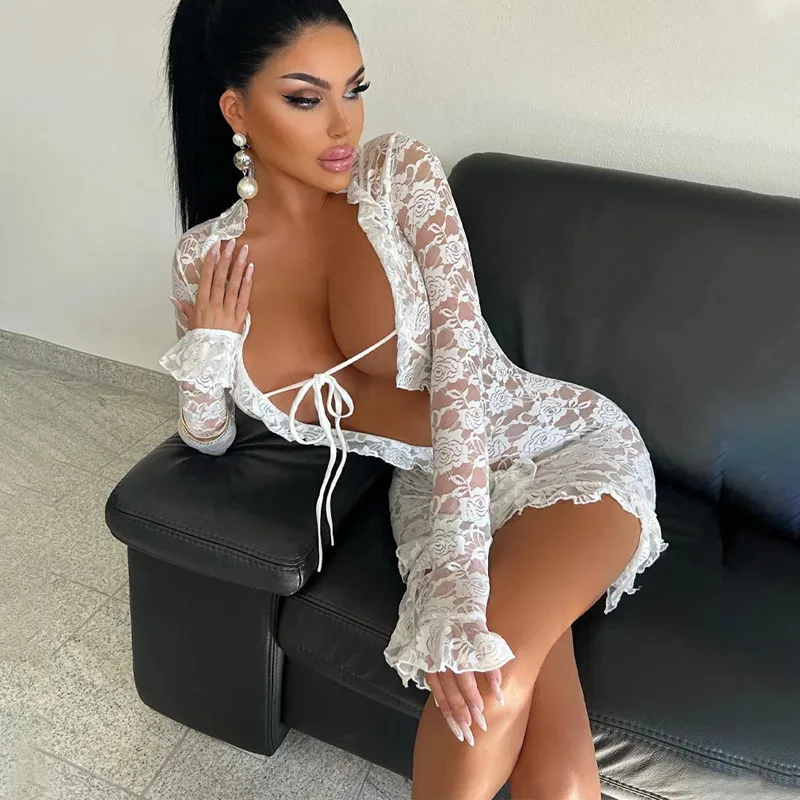 Bonny Fashion Spitzenbesatz, durchsichtiges Minikleid mit Schnürung vorne, langärmelig, Fransen-Outfits für Damen, Club-Party, sexy, figurbetonte Kleider