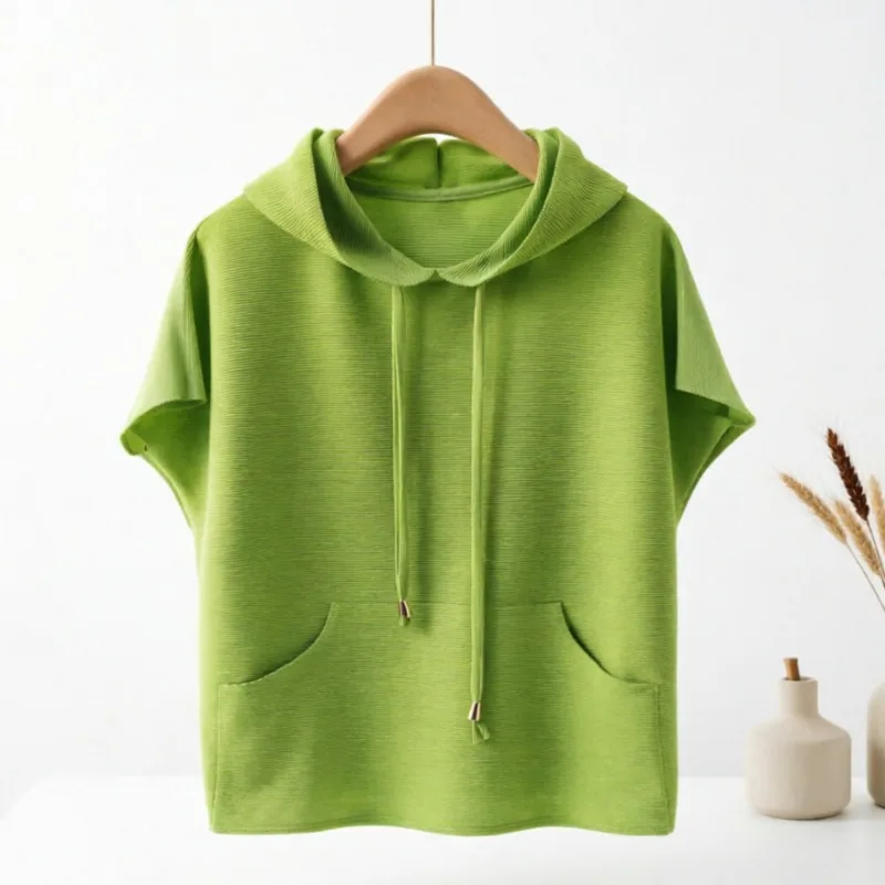 Pleated Hooded T-Shirt 2026 Summer New Simple Fashion Casual Short Sleeve Sweatshirt Lightweight Loose Women Stretch Top
