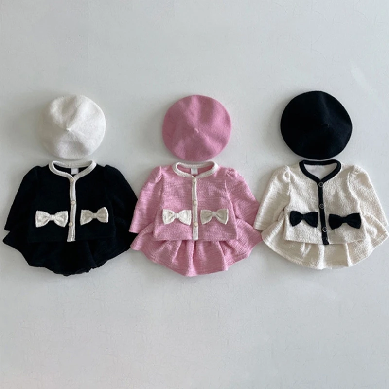 Newborn Baby Girl Elegant Dress Suit Coat+Dress 2PCS Bow Dress Vintage Infant Toddler Spring Autumn Child Kids Clothes Set 6M-2Y