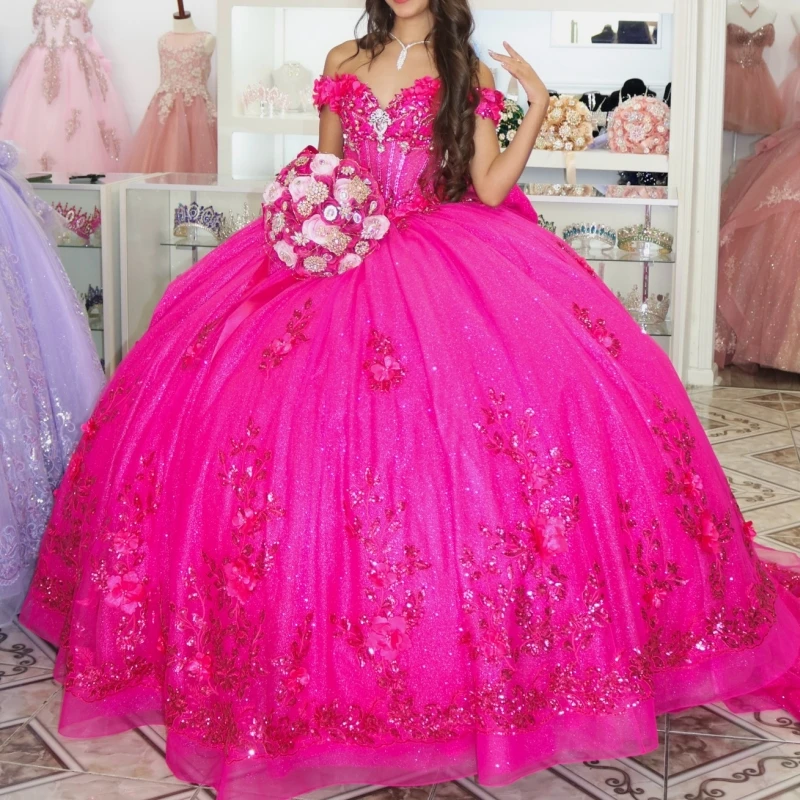 

Rose Red Shiny Quinceanera Dresses Off The Shoulder Sequin Applique Flower Beading Crystal Bow Tull Party Birthday Sweet 16