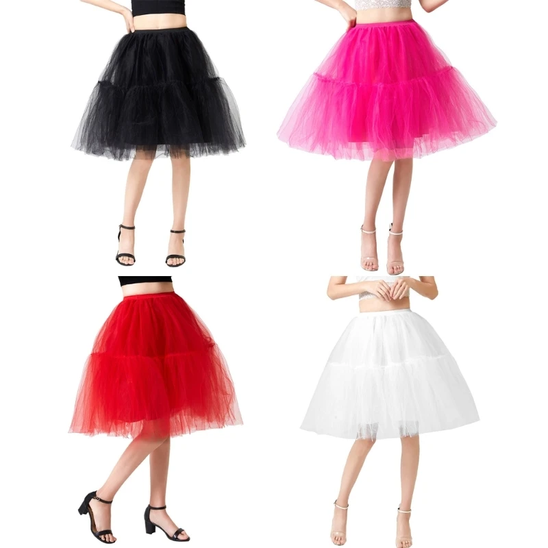 

Women Elastic High Waist Pleated Mesh Midi Skirt Solid Color Dance Layered Knee Length Tulle Tutu Skirt Bridesmaids Petticoat