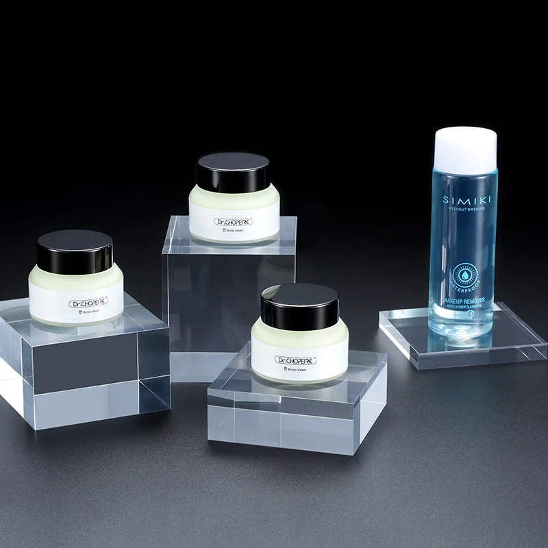 Square Acrylic Solid Display Cube Riser Pedestal Block Shop Retail Skin Care Cosmetic Jar Jewelry Stand Rack For Window Cabinet