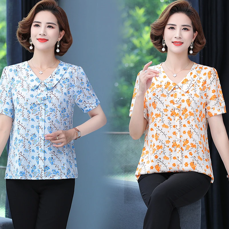 Middle-aged mother print Slim Shirt New Summer Lapel short sleeves Loose Blouse Female 5XL Top