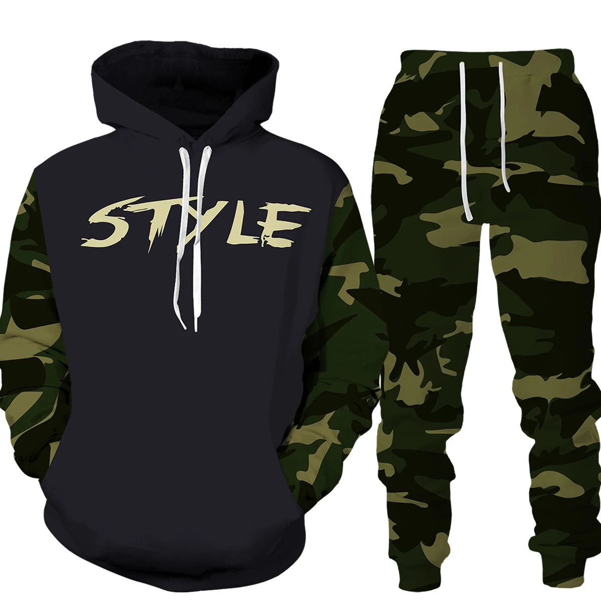 Outono treino conjunto de duas peças dos homens caça pesca com capuz retro jogging terno grande porte streetwear camuflagem 3d cor roupas
