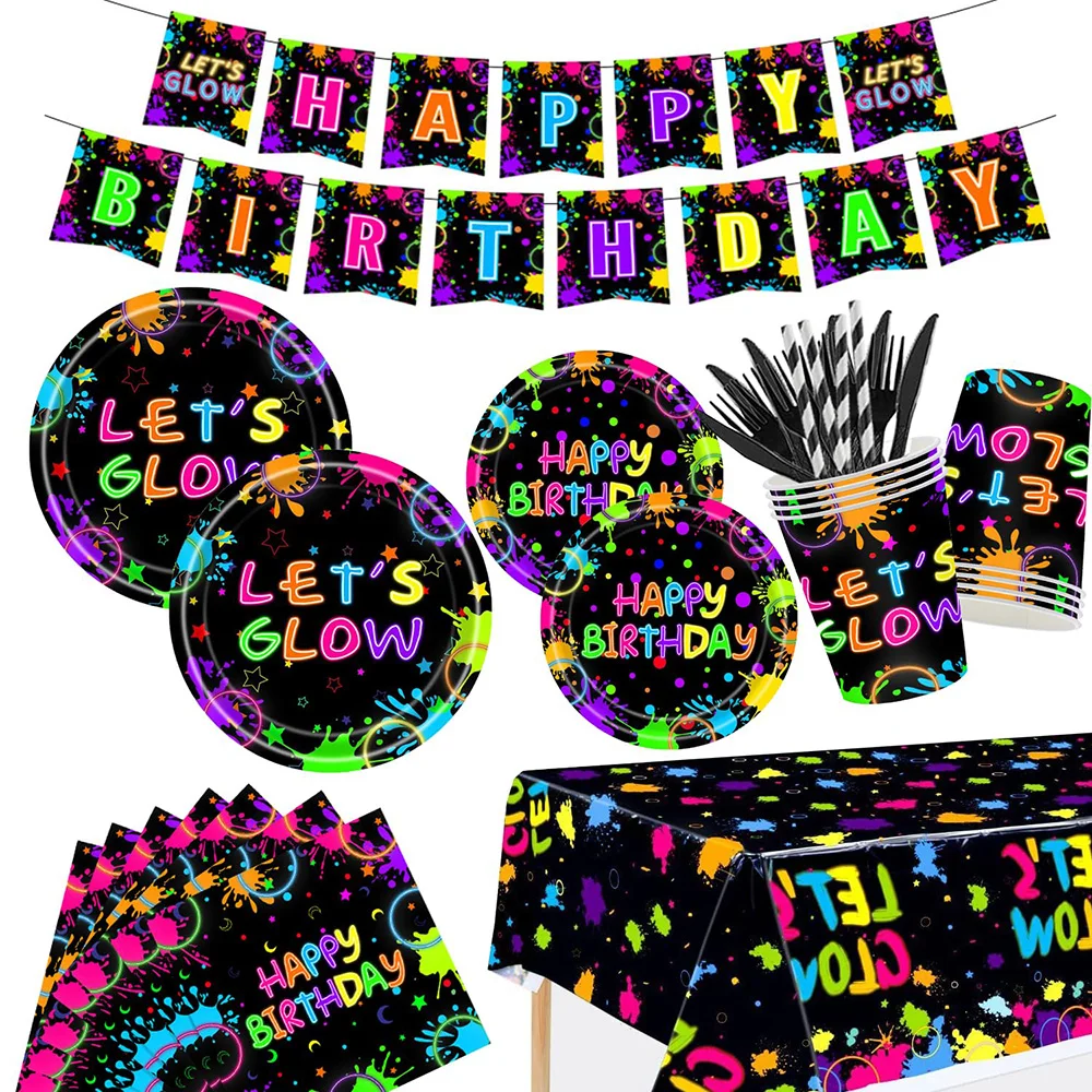 

Neon Glow in the Dark Party Graffiti Tableware Decorations Plates Napkins Tablecloth Banner Ideal Neon Themed Birthday Supplies