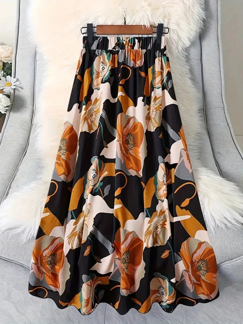 2025 New Micro Transparent Elastic Waist Printed Long Skirt Fashion Commuter Simple Versatile Skirt Umbrella Skirt