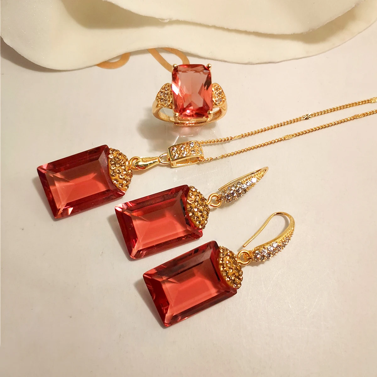 BOCARMAN Synthetic Color-change Sultanite Rectangular stone adjustable ring earrings necklace Jewelry Set for women change color