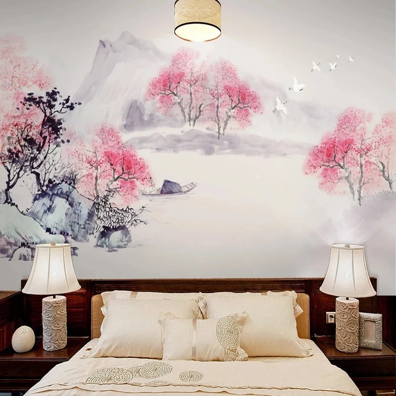 Customized Chinese Ink Painting Peach Blossom tree Mural Wallpaper Home Decor Living room TV background wall bedroom restaurant