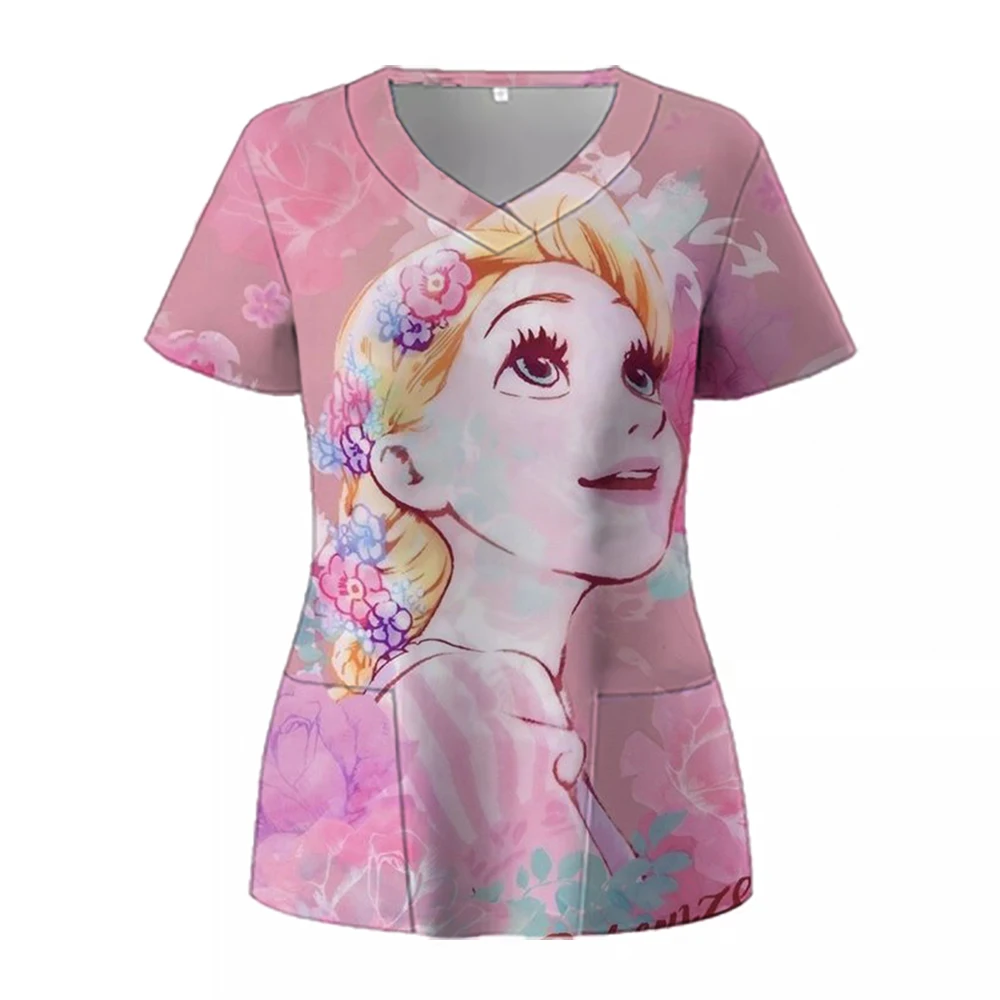 فام بلوزة ممرضة ملابس العمل الزي الطبي النساء العمل موحدة ديزني الأميرة طباعة المجمدة إلسا قصيرة الأكمام الخامس الرقبة القمم