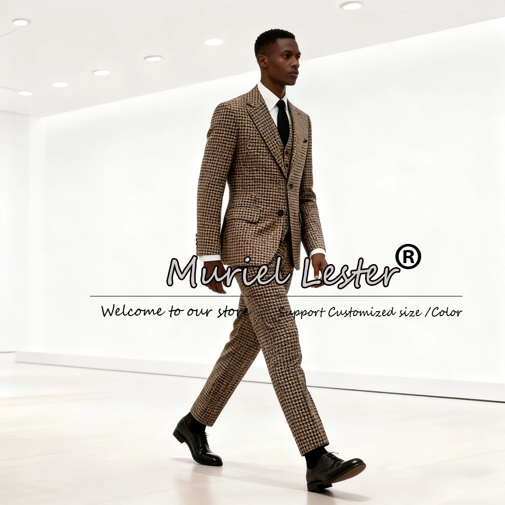 

Elegant Plaid Houndstooth Suit Attire For Men Business Formal Party Blazers Outfits 2 Piece Sets Groom Dinner Party Tuxedos