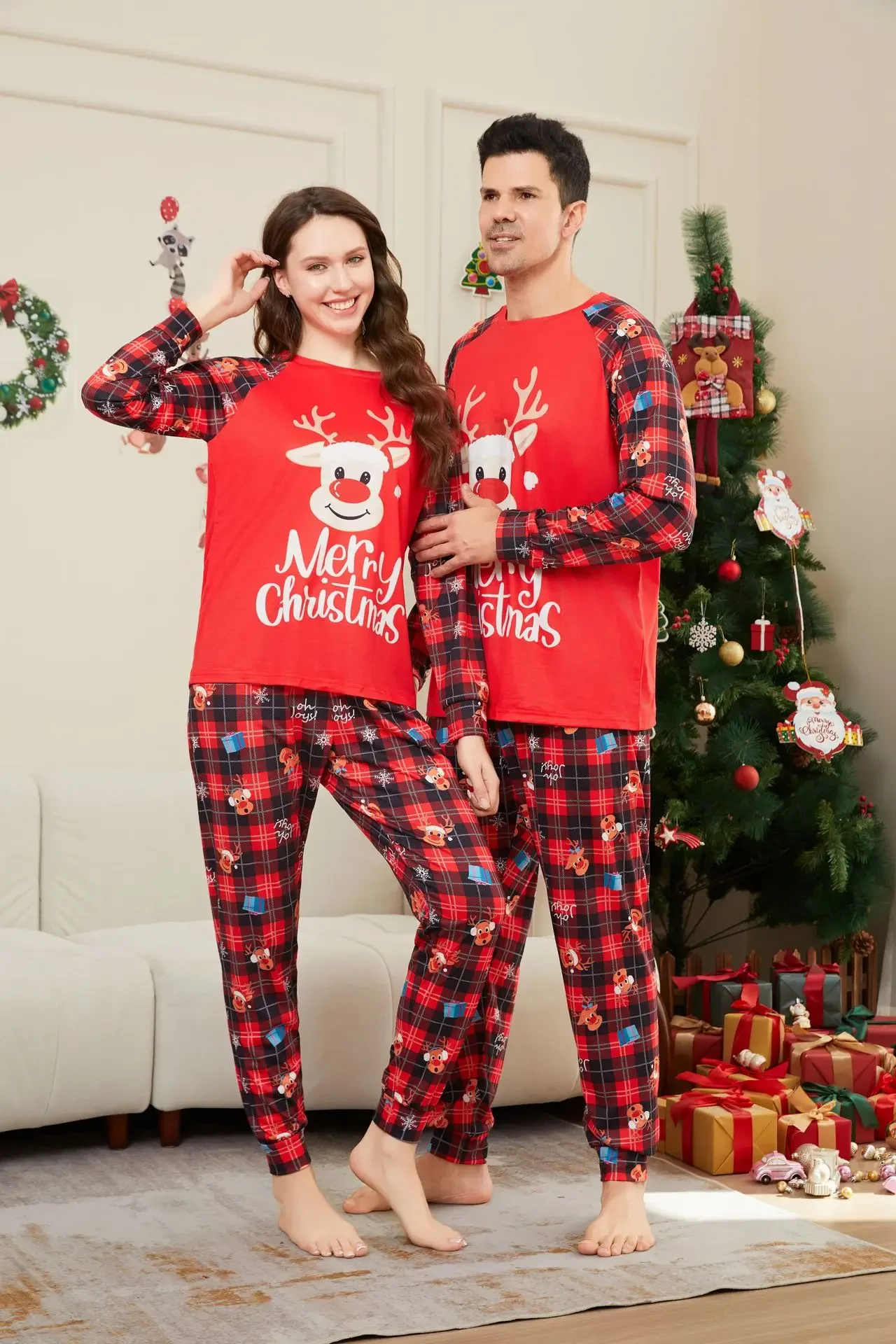 Merry Christmas Print Family Matching Outfits Cartoon Elk Print Pajamas Women Men Boys Girls 2 Pieces Suit Loungewear Xmas Look