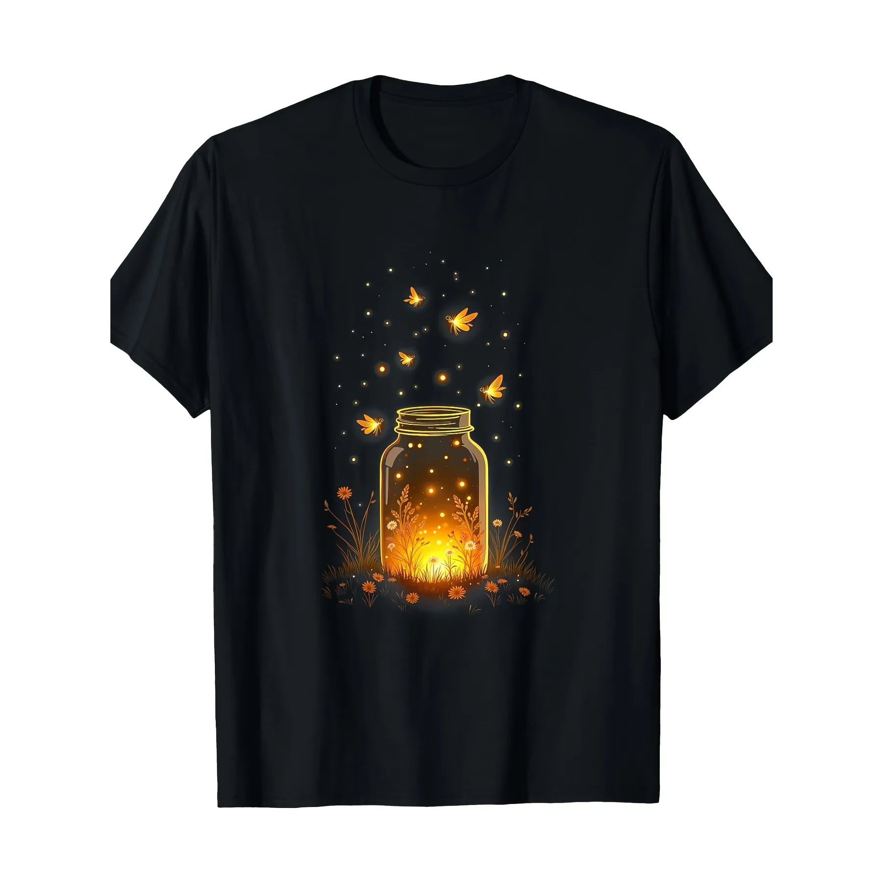 Fireflies In A Jar Graphic Tee Glowing Insects Summer Night Pure Cotton Short Sleeve T-Shirt