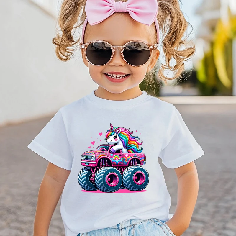 Cute Unicorn Truck Print T-shirt Toddler Girl Tee Unicorn Monster Truck Print Soft Casual Top Funny Pink Unicorn Truck Girl Wear