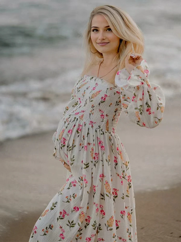 Baby Shower Abito premaman Servizio fotografico Abito lungo floreale a maniche lunghe Abito da gravidanza Fotografia da spiaggia Abiti amichevoli