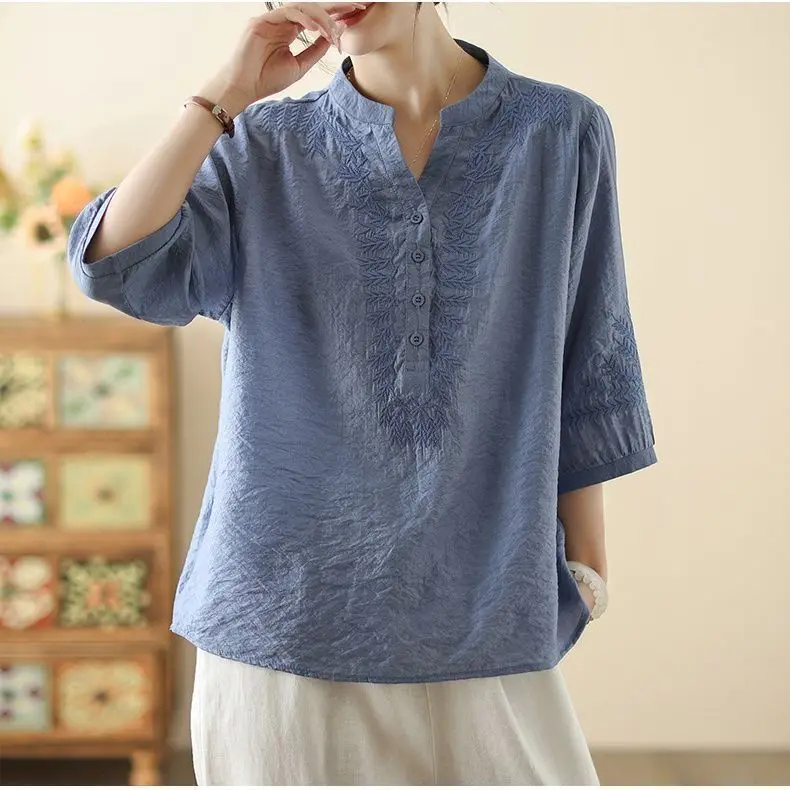 

Women's plus Size Cotton Linen Shirt Summer New Style Embroidered Thin Easy-to-wear Slimming Button-up Casual Comfortable