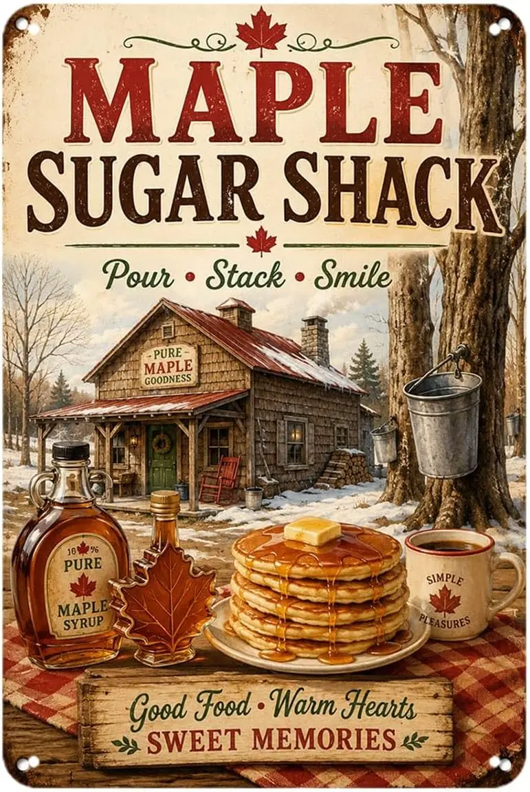 Maple Sugar Shack tin Sign, Vintage Maple Syrup Cabin Metal Signs Aesthetic for Home Bedroom Kitchen Bar Garden & Outdoor Wa