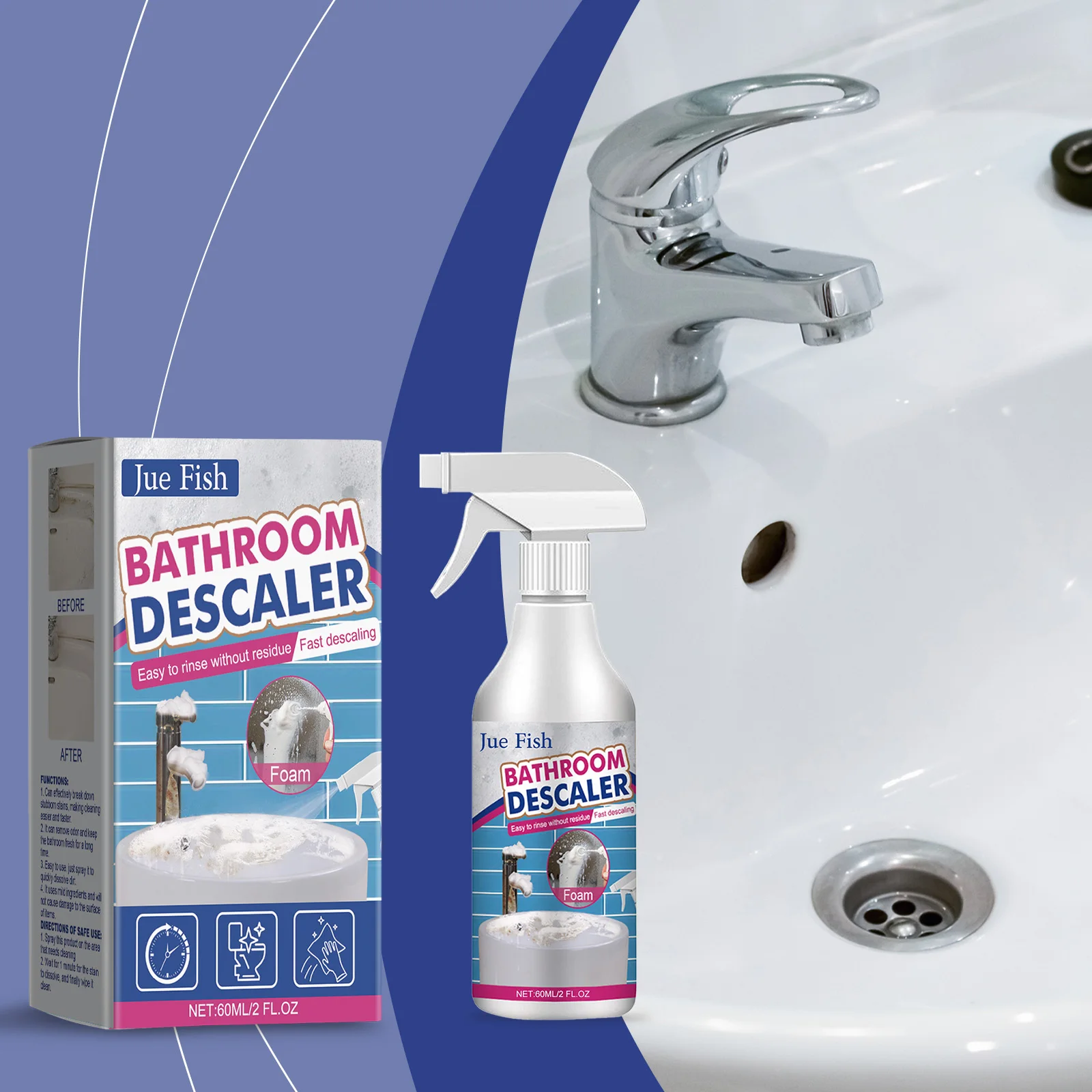 Bathroom Descaler Foam Cleaner Spray - 2 fl oz (60 ml), Fast-Acting 1-Minute Limescale Remover, Mild Surfactant & Corrosion Inhibitor Formula for Showers, Bathtubs, Sinks & Faucets