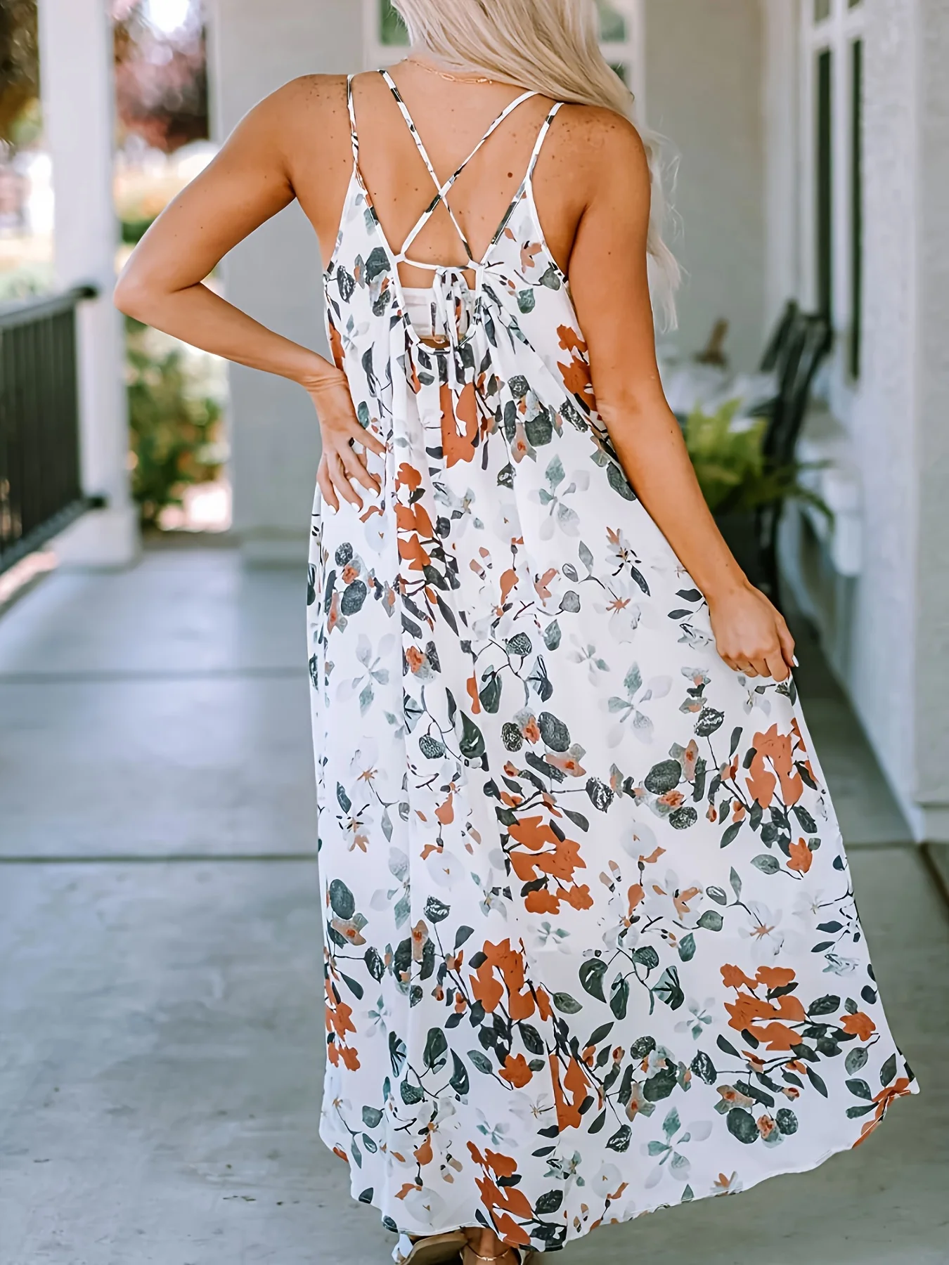 Vestido de cami estampado floral feminino, tamanho grande, estilo de férias, bainha alta, vestido com renda nas costas, roupas para primavera e verão