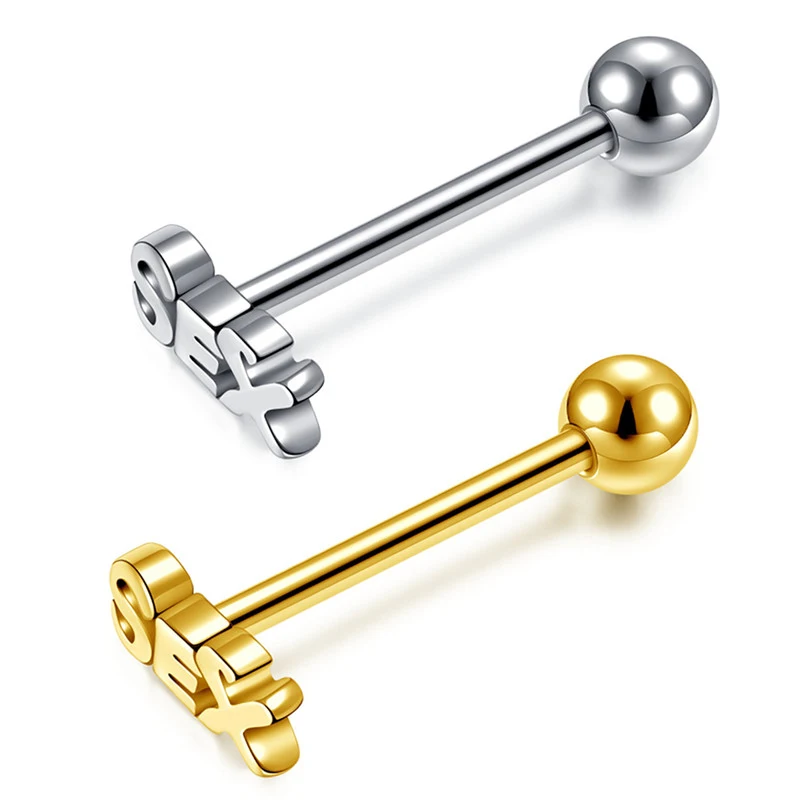 WKOUD 16G Tongue Percing Labret Bar Lip Ring Stainless Steel Sex Blasting Leveraged Tongue Rings Sexy Body Piercing Jewelry