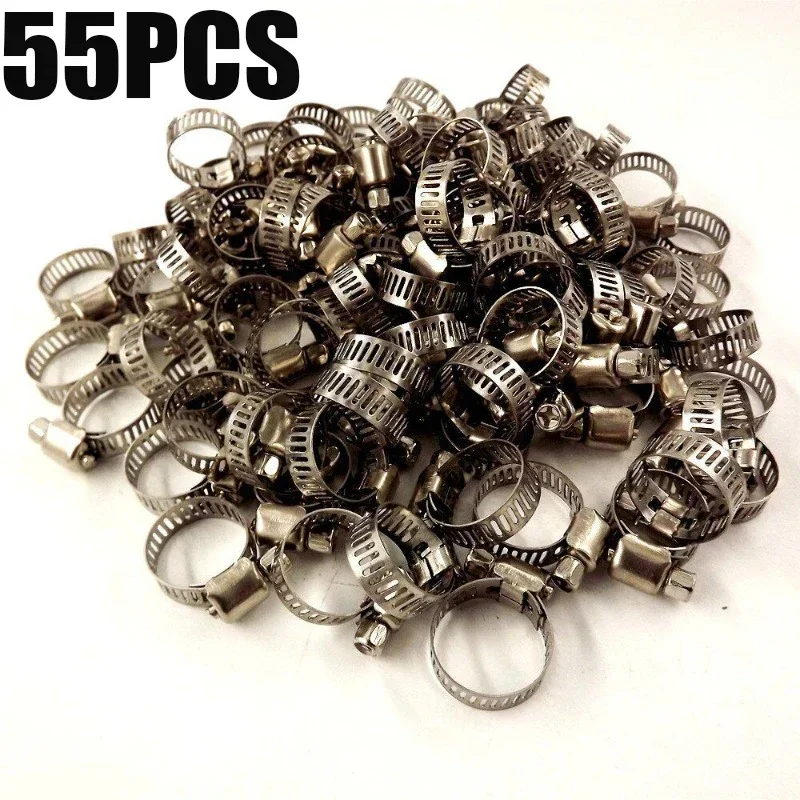 55pcs Stainless Steel Hose Clamp 16mm-25mm Adjustable Drive Hose Clamp Fuel Line Worm Size Clip Hoop