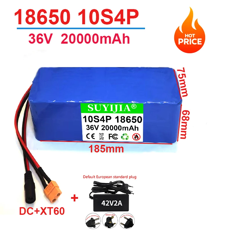 10S4P 36V 20Ah 18650 lithium-ion battery pack suitable for electric scooters and bicycles Customizable plug + BMS