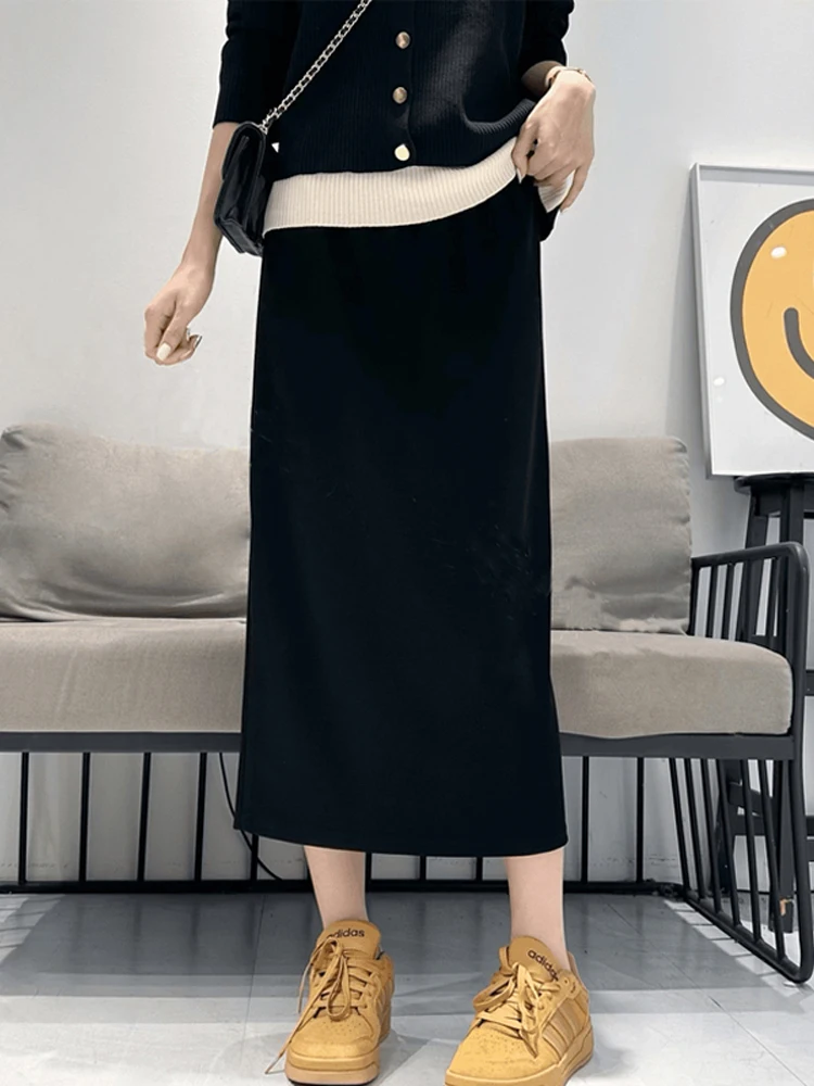Black Loose A-Line Midi Skirt for Women High Waist Drapey Style Slimming Straight Cut Commute Korean Version plus Size