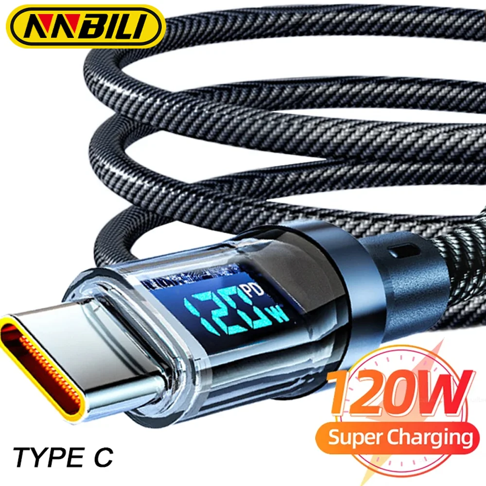 NNBILI 120W Super Fast Charging Cable Real-time Digital Display USB A to Type C data Cable For iPhone Android Phones Universal