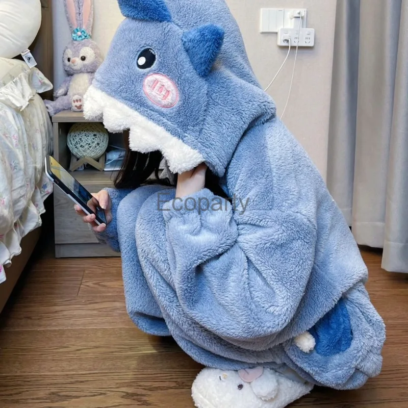 2024 Women Lovely Cartoon Shark Cosplay Hooded Pijama Autumn Winter Coral Velvet Onepiece Sleepwear Adult Casual Warm Loungewear