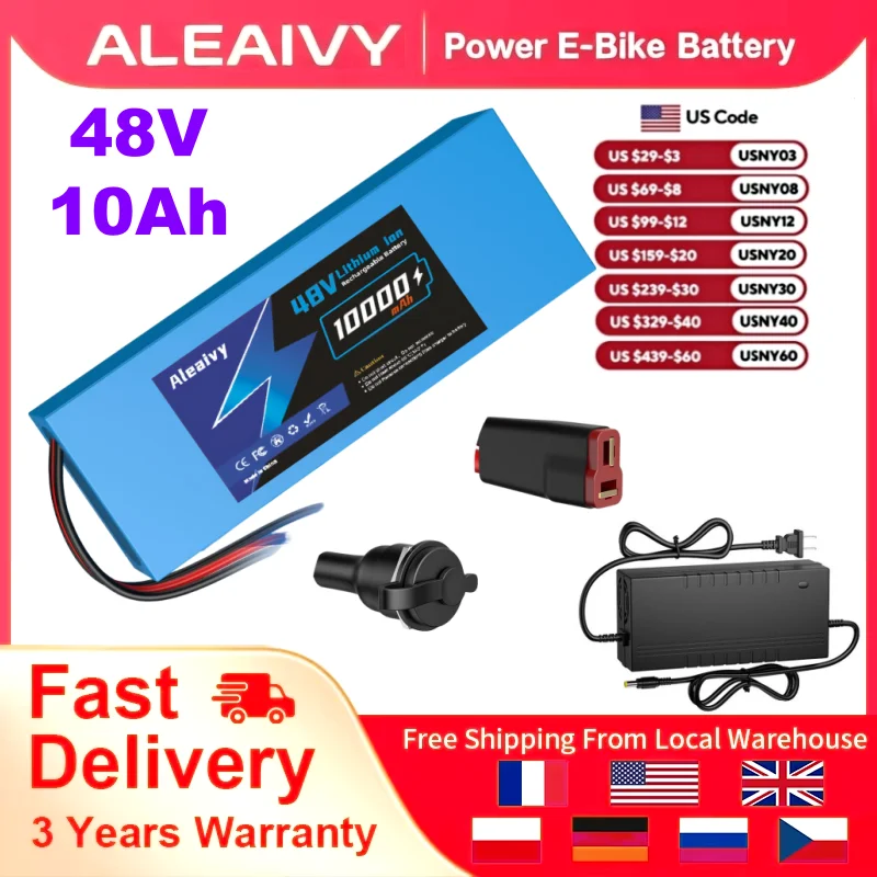 Brand+ Genuine Aleaivy 48V 10Ah 18650 13S4P Li-ion Battery Pack With 2A Charger And 30A BMS For 250W~1000W 48v Bicycle/Scooter