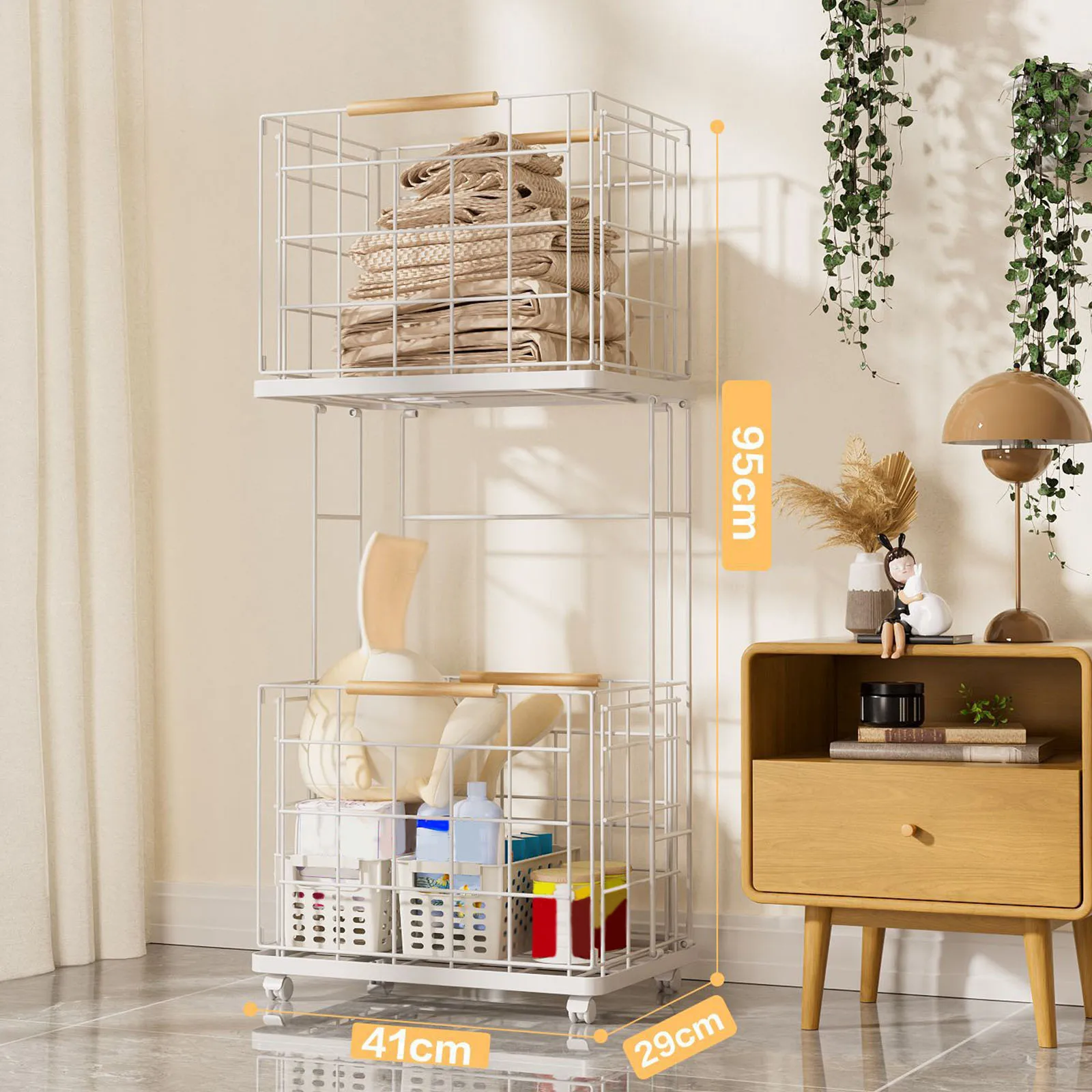 2 Tier Storage Cart Removable Large Capacity Laundry Clothes Basket Storage Rack for Home Household Laundry Bathrooom Farmhouse