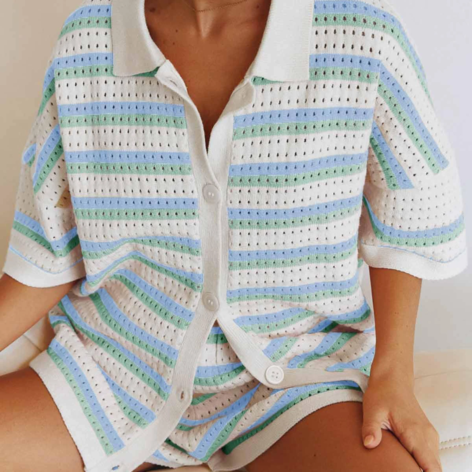 Summer Women 2 Pieces Pajamas Set Loungewear Stripe Contrast Color Button Crochet Knit Tops and Shorts Sets Sleepwear