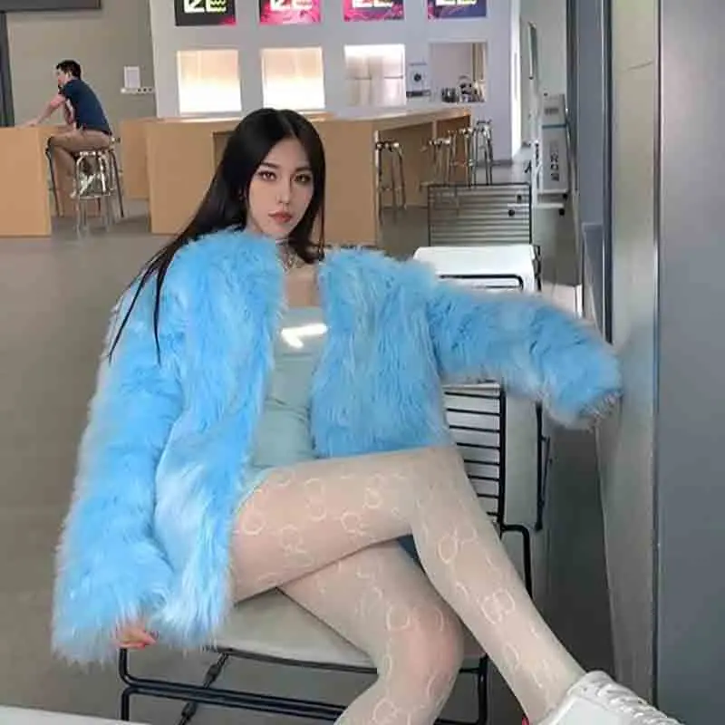 Casaco de pele de raposa imitação feminino, casaco de pele longa feminino, sobretudo luxuoso solto, design de luxo, azul, novo, outono, inverno, 2022