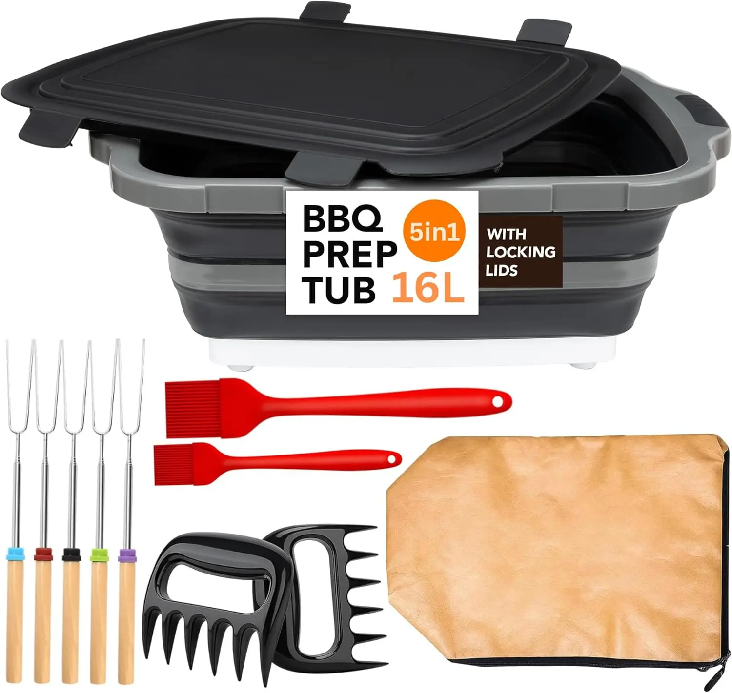 

Livingstones designs 5 in 1 Large 16L BBQ Prep Tub with Lid & 2 pcs Meat Shredder Claws, 1 BBQ Prep Bag, 2 Silicon Brush