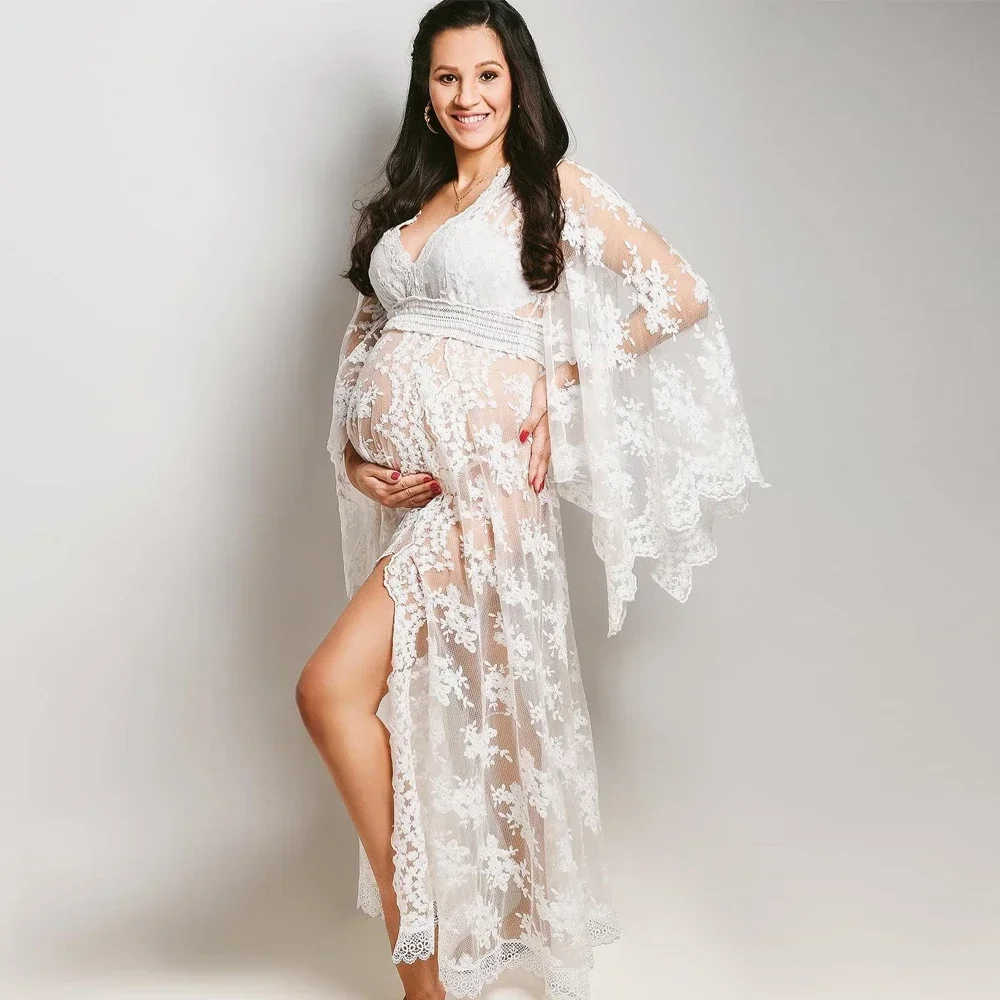 

Off White Boho Lace Maternity Photoshoot Dress V-neck Full Sleeve Bohemian Pregnant Woman Long Dress For Photography