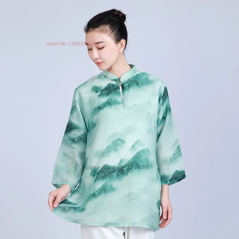 2025 traditional chinese tai chi kung fu uniform national flower print cotton linen wushu martial arts training exercise suit