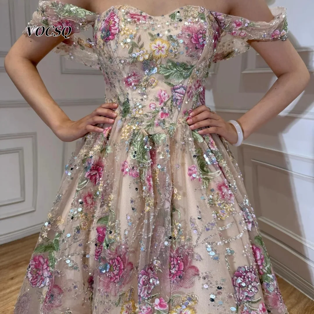 Ballkleider aus Tüll, langes Kleid, schulterfrei, mit Blumenapplikationen, Perlen, A-Linien-Rock, für Festzug, Abschlussfeier, Abendparty, maßgeschneidert
