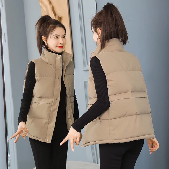 2023 Autumn Winter Women Solid Loose Vest Stand Collar Long Vest Jacket Cotton Padded Women Windproof Warm Waistcoat Blue