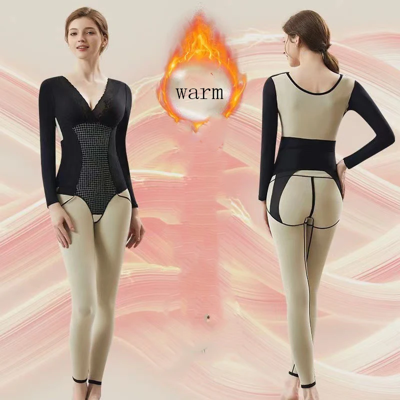 Prayger New Warm Shapers Women Magnetic Open Butt Bodysuits Slimming Waist Long Sleeves Underwear