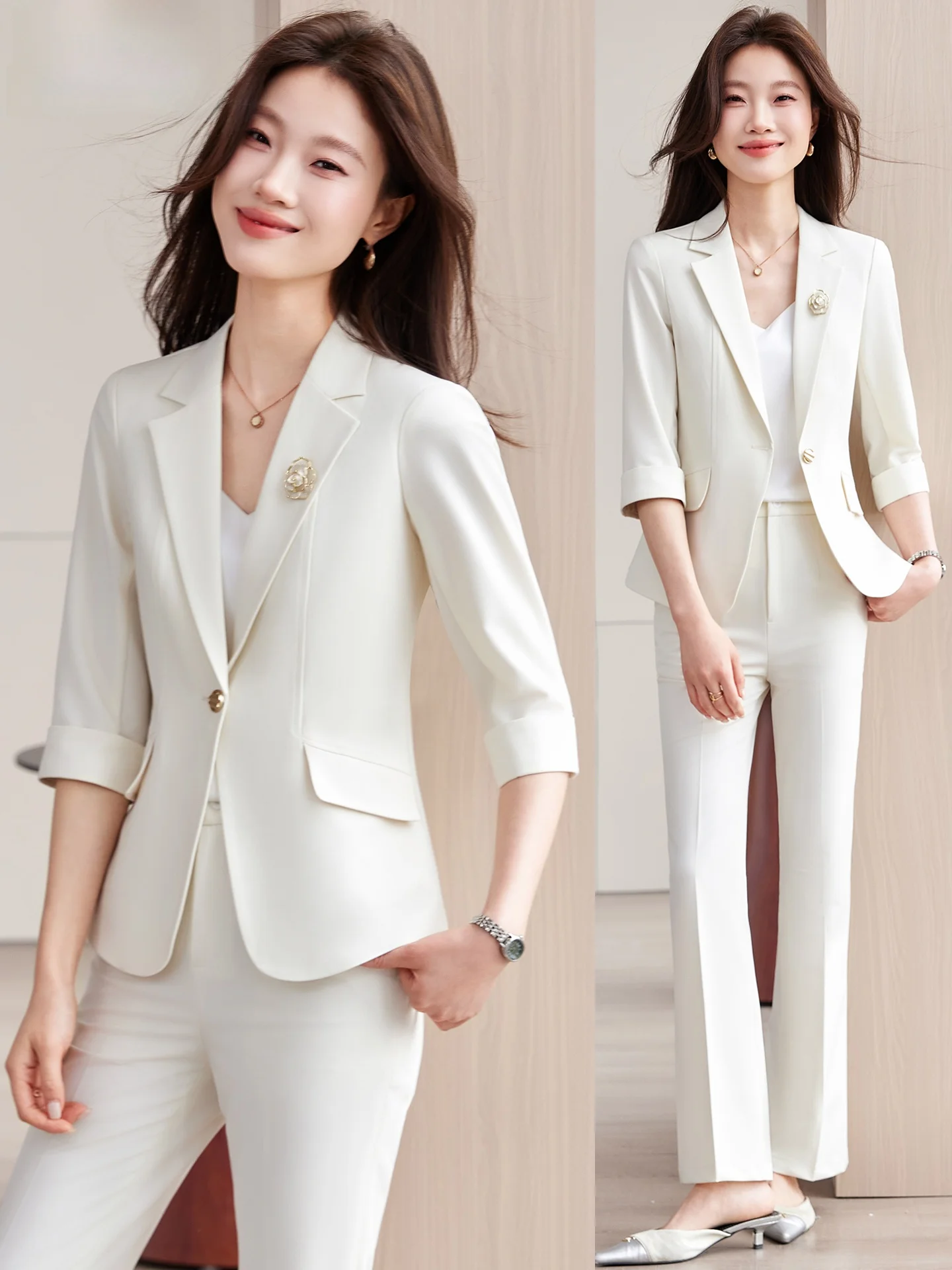 

Женский бежевый костюм-двойка Ele: Новинка 2026 года, весна-лето, высококачественный профессиональный укороченный пиджак в западном стиле