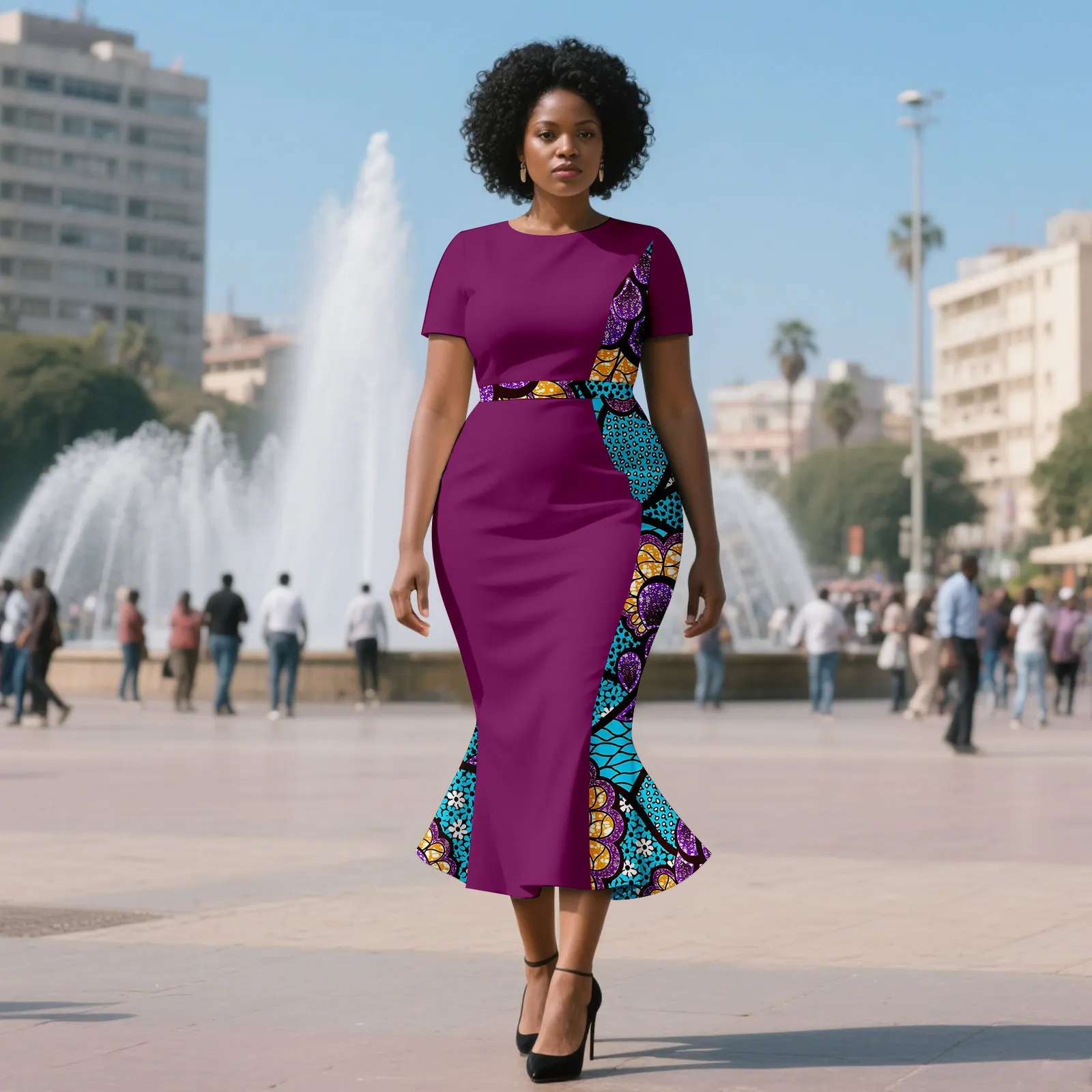 Afripride Women's Ankara Dress Sexy Round Neck Contrast Color Style with Ankle-Length Fishtail Skirt 2525112